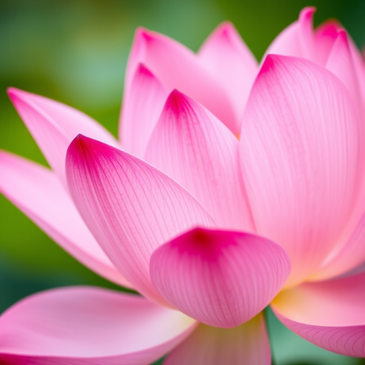 Close-up shot of a pink lotus flower with a soft green background, taken with a 50mm lens at f/2.8, ISO 100, shutter speed 1/200s, using a DSLR camera in macro style to enhance detail and color vibrancy.