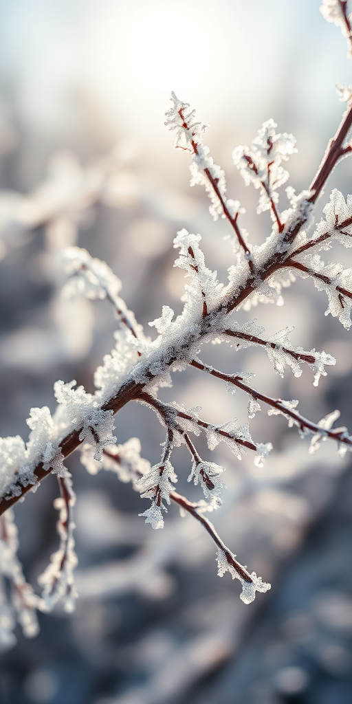 close-up of frost-covered branches with intricate ice formations in soft sunlight, focus on texture and detail, aperture f/2.8, ISO 100, shutter speed 1/200s, macro lens, DSLR camera, shallow depth of field, natural lighting