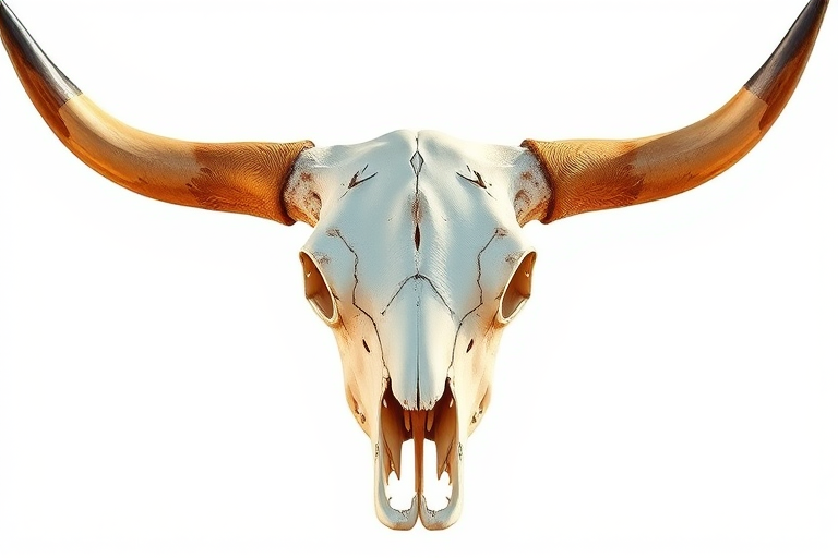 Create a detailed illustration of a longhorn skull with impressive horns, captured with a DSLR camera at f/2.8 aperture, 50mm lens, ISO 100, in a shallow depth of field, using natural light to enhance texture and details.