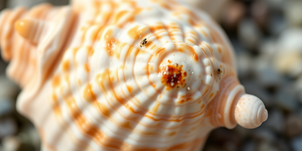 Capture a close-up view of a beautifully textured seashell with intricate patterns, natural lighting, using a macro lens, aperture set to f/8, ISO 100, shutter speed 1/200s, on a DSLR camera.