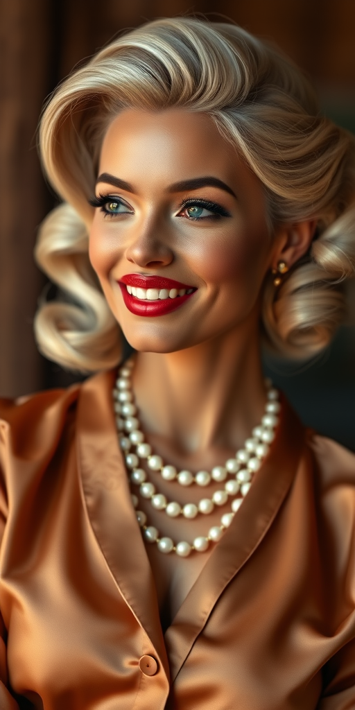 A beautiful Zulu woman reminiscent of 1950s Hollywood glamour, with perfectly styled blonde hair and a seductive smile, dressed in a satin blouse and adorned with pearls, soft and warm tones, photorealistic, 8K