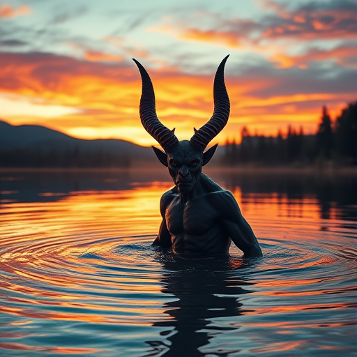 Create a dramatic fantasy scene featuring a horned demon emerging from a serene lake at sunset with vibrant colors in the sky, using a 50mm lens, aperture f/1.8, ISO 100, high dynamic range, capturing rich details and contrast in a cinematic style with a DSLR camera.