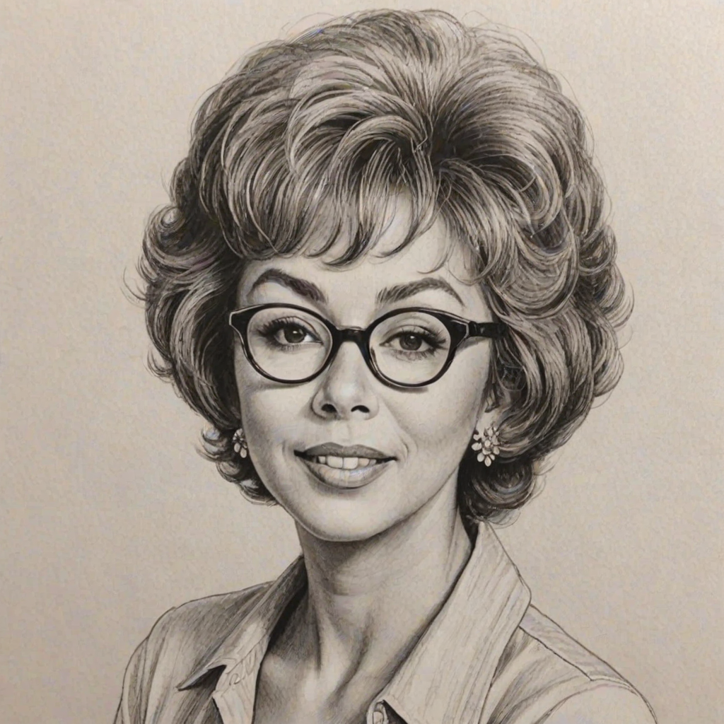 Gorgeous Rita Moreno, pencil sketch, portrait of Charming woman 1972s in glasses, hair style beatnik, outline, clear lines, fine lines, 8k