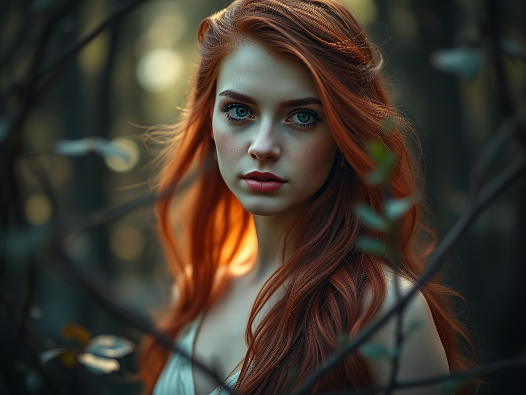 Create an ethereal portrait of a woman with long, flowing red hair, surrounded by mystical forest elements, soft bokeh background, use a Canon EOS R5, 85mm f/1.2 lens, ISO 100, aperture f/1.2, shutter speed 1/200s, in natural light with a shallow depth of field.