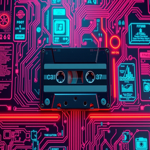 Create a retro-futuristic digital artwork of a cassette tape surrounded by neon circuit patterns and information panels, using a Canon EOS 5D Mark IV with a 50mm lens, f/2.8 aperture, 1/100s shutter speed, and ISO 100, captured in a flat lay perspective for enhanced image quality.