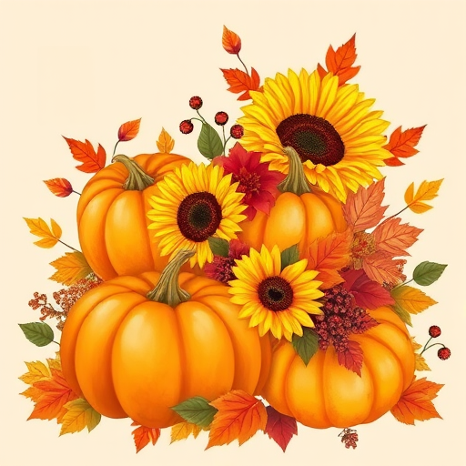 Create an illustration of a vibrant fall arrangement featuring bright orange pumpkins, large yellow sunflowers, and colorful autumn leaves in shades of red and orange. Include clusters of berries and green leaves, all set against a soft beige background to enhance the warm, seasonal feel.