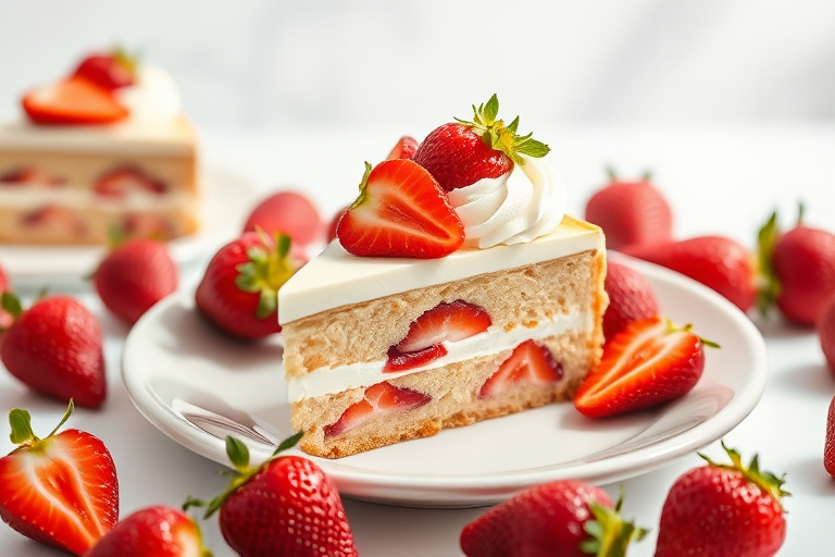 A delicious slice of cake topped with whipped cream and fresh strawberries on a light plate surrounded by more slices and strawberries in a bright setting.