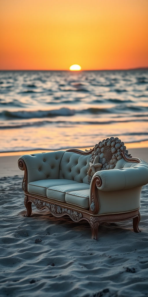A luxurious seashell-embellished sofa on a serene beach at sunset, with gentle waves lapping at the shore, shot with a Canon EOS R5, 50mm lens, f/1.8, ISO 100, with golden hour lighting for soft shadows and vivid colors.