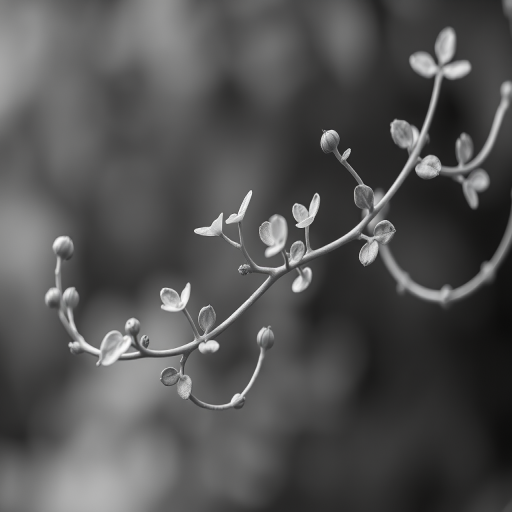 Create a high-resolution black and white illustration of a delicate, winding vine with small leaves and buds, using a macro lens, aperture f/4, shutter speed 1/200s, and a digital single-lens reflex camera, with soft lighting to enhance the details and contrast.