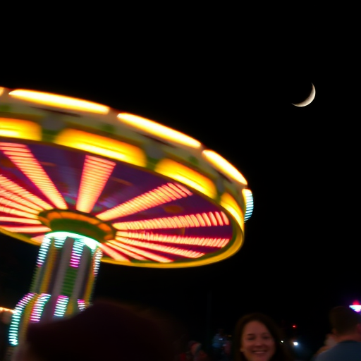 Blurry, night-time photo of a carnival ride spinning, streaks of neon light cutting through the dark sky, with people's joyful faces faintly visible and a crescent moon hanging low in the background.