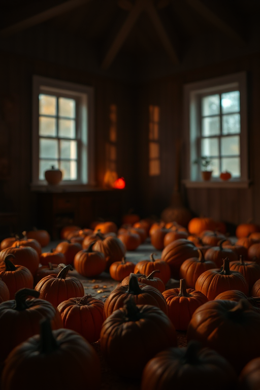 Create a dimly lit interior room filled with scattered pumpkins, illuminated by warm light from two windows, using a high-resolution DSLR camera with a 50mm f/1.8 lens, shutter speed 1/60s, ISO 400, low angle view, soft focus style.