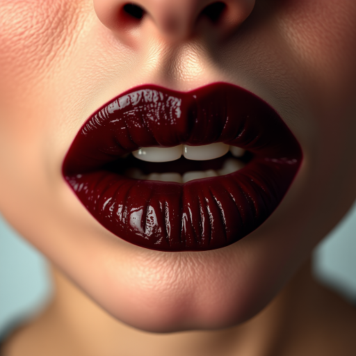 Vampy oxblood lips with leather-like texture, sharp peaks at cupid's bow, intense and edgy appearance, fierce Rebel Leather Stain look