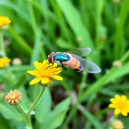 a close-up of a colorful hoverfly feeding on bright yellow flowers in a lush green garden setting