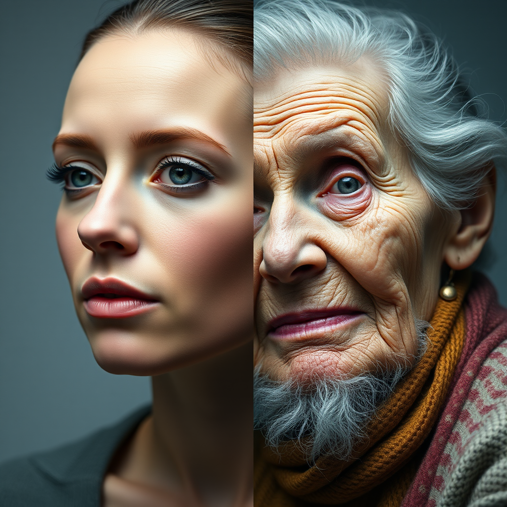 Create a hyper-realistic image of a young woman and an elderly woman side by side, showcasing a dramatic contrast in their facial features and textures, with soft lighting, a shallow depth of field, aperture set at f/1.8, ISO 100, focal length 85mm, in a studio setting, using a Canon EOS R5.