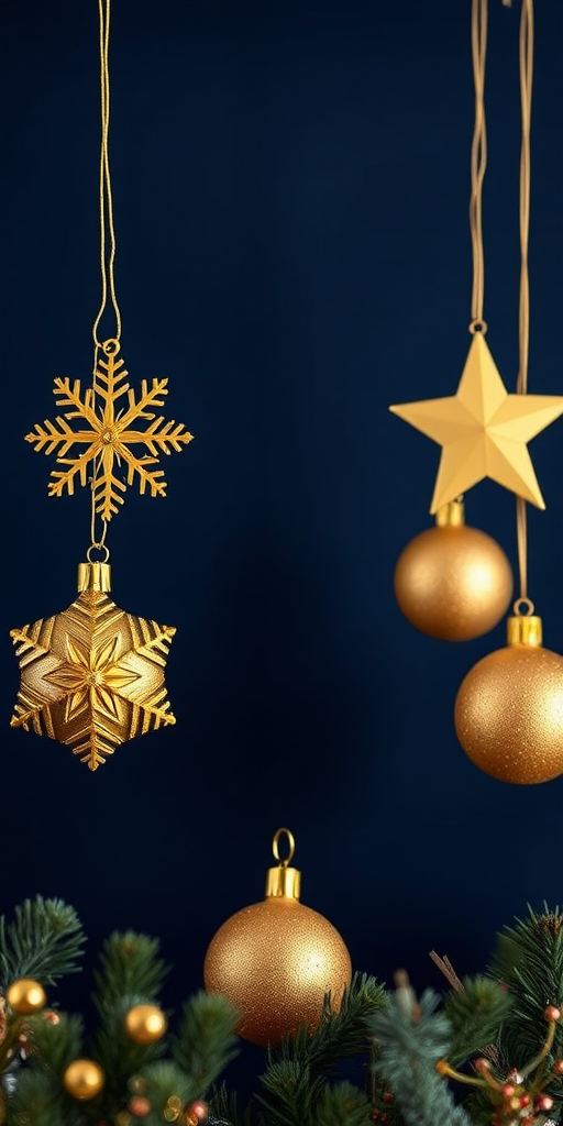Create a festive background with gold ornaments including a snowflake, a star, and two spherical decorations, hanging against a deep navy blue backdrop, shot with a Canon EOS R5, 50mm lens, f/2.8 aperture, ISO 100, and a soft focus effect for a dreamy quality.