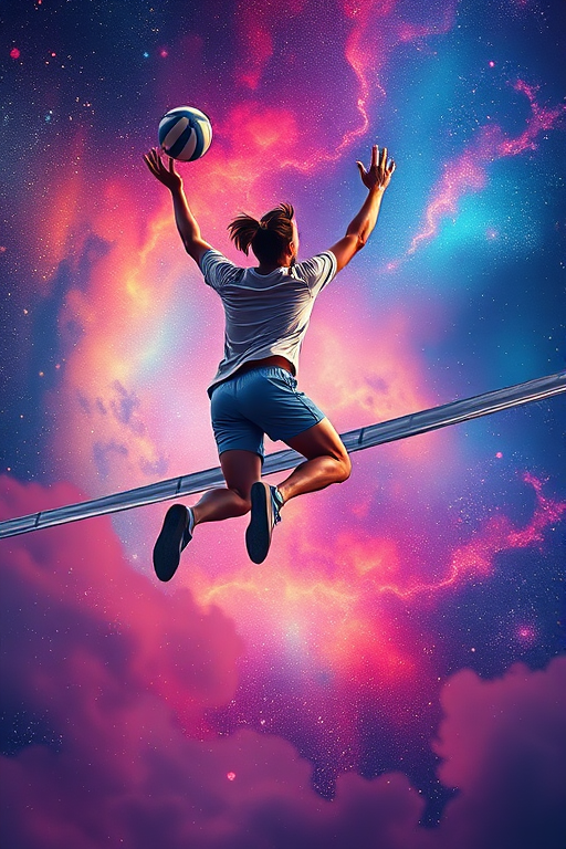 Create a dynamic illustration of a volleyball player leaping to spike a ball in a cosmic background with vibrant colors, using a Canon EOS R5, 50mm lens, f/2.8 aperture, captured from a slightly low angle to emphasize the action and depth, with high saturation and contrast to enhance visual impact.
