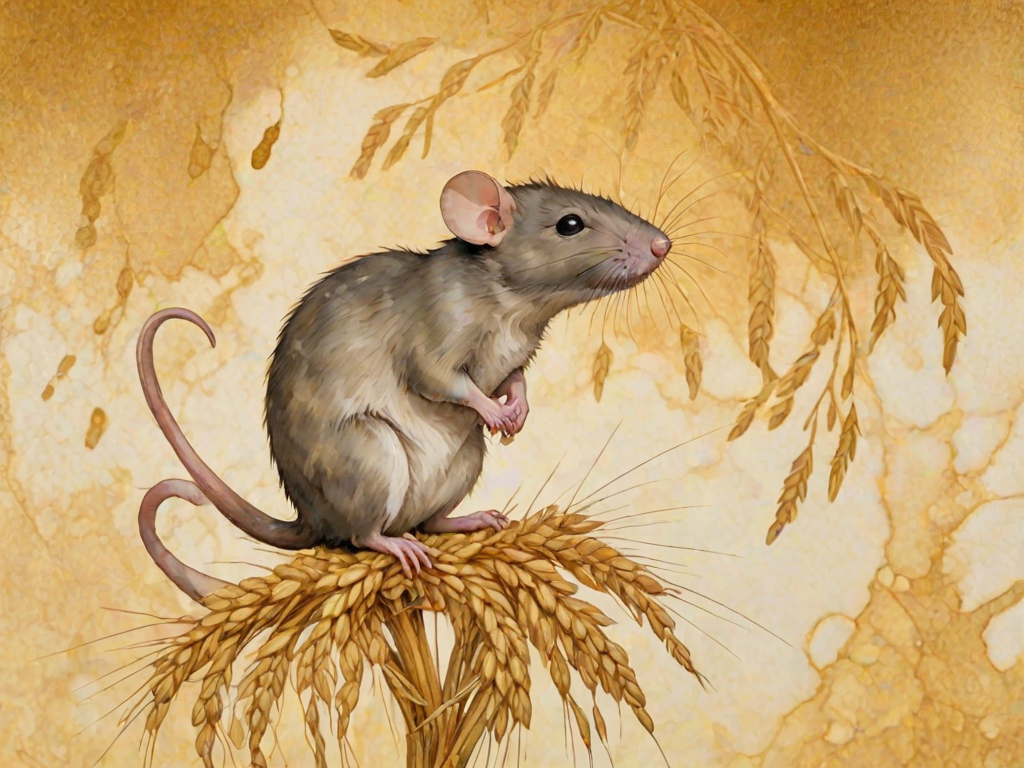 Soft, muted Alcohol Ink with ebru effect background image of tiny whimsical rat, who climbed high on the top of a golden rye ear.