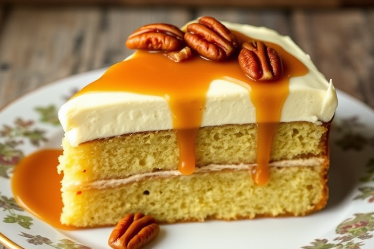 A slice of moist cake layered with creamy frosting, topped with caramel sauce and garnished with pecans, set on a decorative plate with a rustic background.