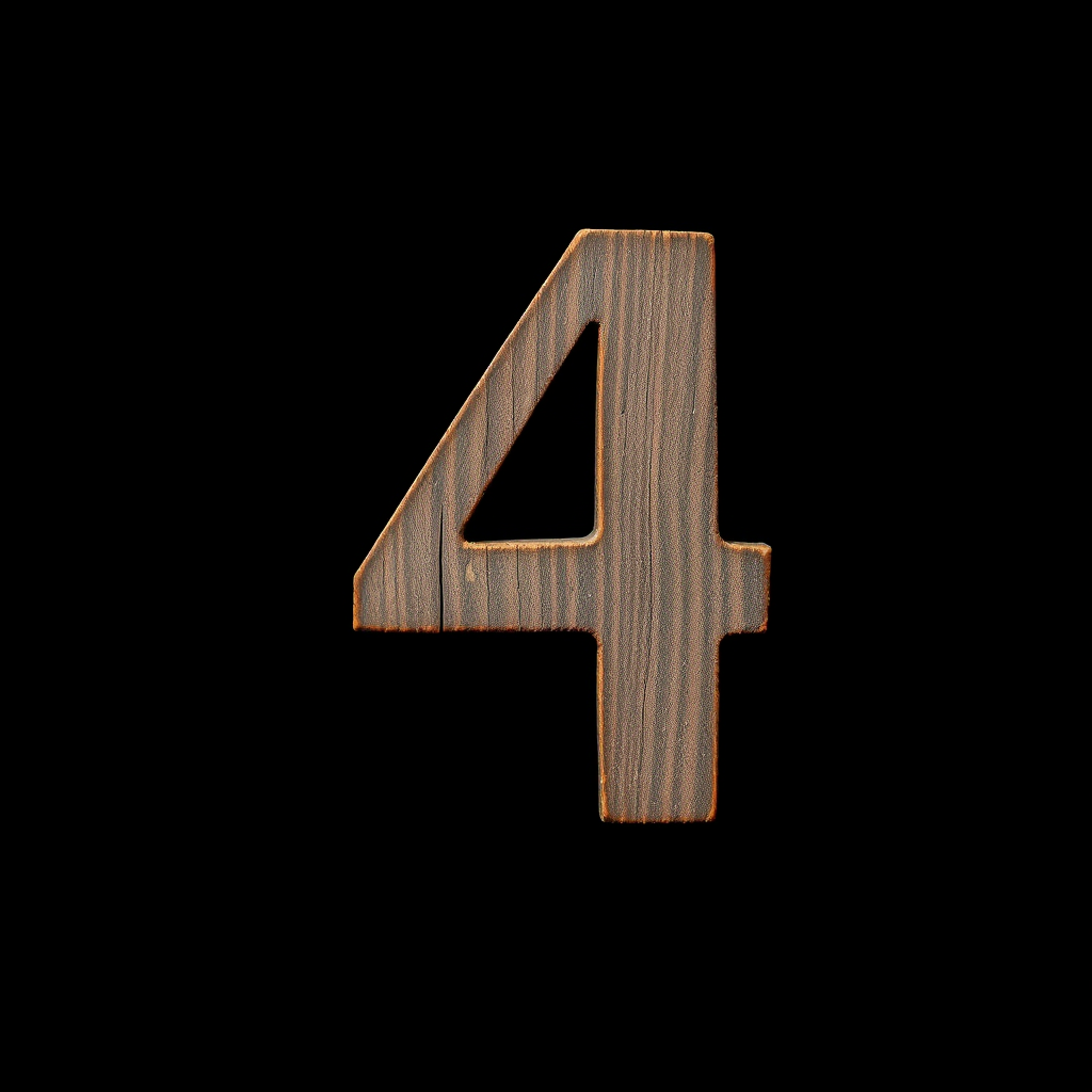 Generate an image of the number 4 in a rustic wooden texture, captured with a Canon EOS R5 at f/8, ISO 100, 50mm lens, using a shallow depth of field and soft lighting to enhance detail and contrast on a black background.