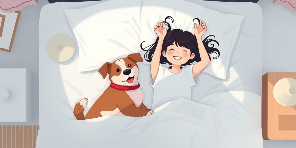 create a cozy illustration of a girl joyfully waking up in bed with a playful dog beside her, shot from a top-down perspective, using a Canon EOS R5, 50mm f/1.2 lens, f/2.8 aperture, ISO 100, and soft natural lighting to enhance colors and details