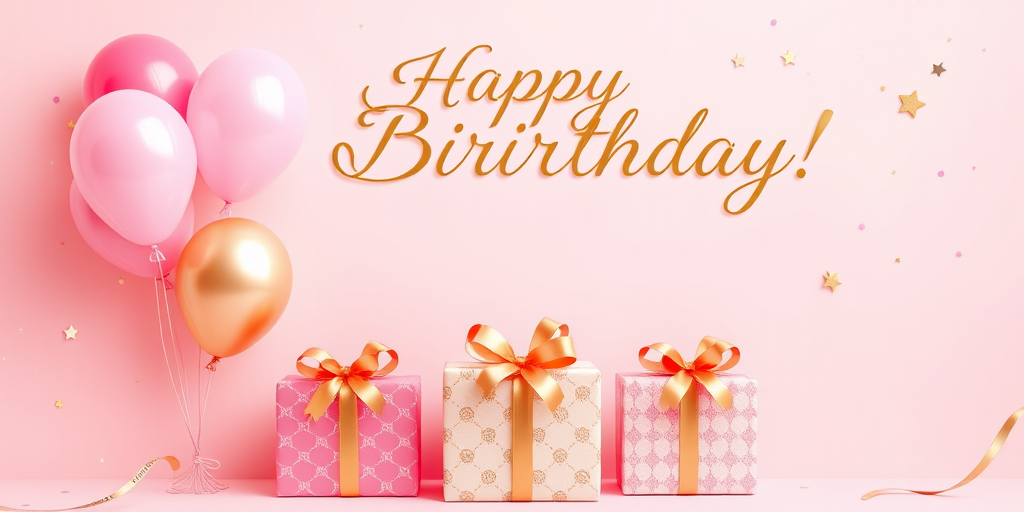 Create a birthday card design featuring colorful balloons in shades of pink and gold against a soft pink background. Include three beautifully wrapped gifts at the bottom with decorative ribbons and patterns. The text "Happy Birthday" should be elegantly written in a gold font at the top, surrounded by small stars and confetti elements for a festive touch.