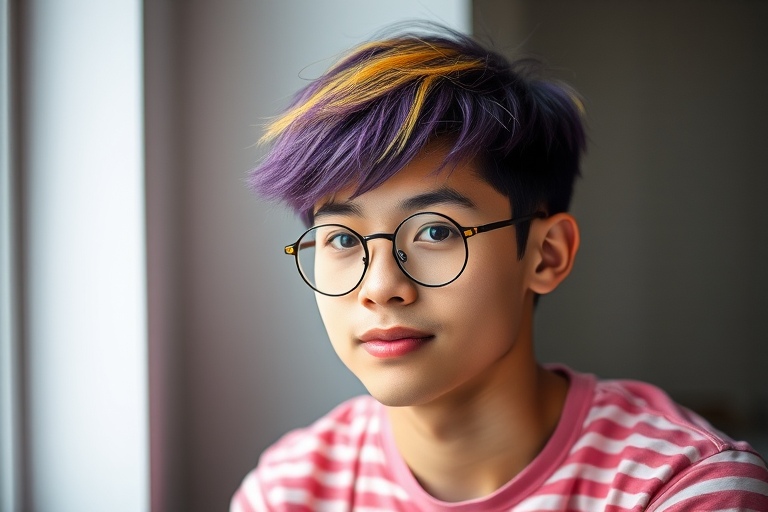 Photograph a young man with purple and yellow split hair, wearing round glasses and a casual striped pink shirt, captured in soft diffused lighting with a 50mm lens at f/1.8, ISO 100, and a shallow depth of field, using a portrait style on a digital DSLR camera.