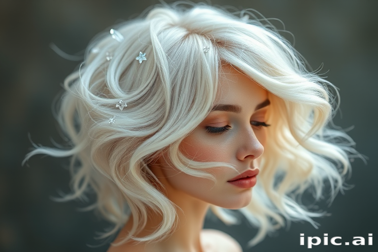 Ethereal white-blonde waves known as "Celestial Halo" float gracefully around the head, adorned with tiny star-shaped crystals and a subtle opalescent sheen