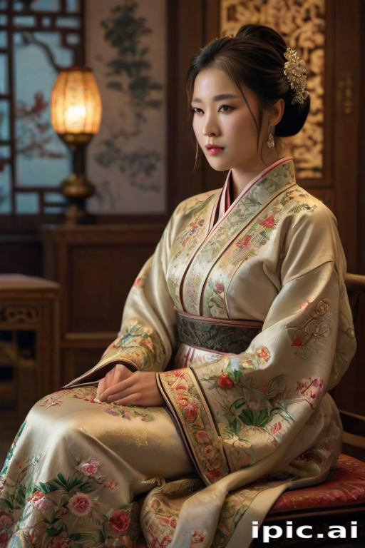 A beautiful woman in traditional East Asian attire, intricately detailed with embroidered patterns, sitting gracefully in a richly decorated room, soft ambient lighting, serene and elegant, ultra-realistic, 8K resolution