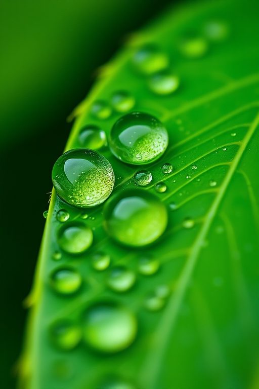 Create a high-resolution close-up image of green water droplets on a leaf with sharp focus, using a DSLR camera, 50mm lens, f/2.8 aperture, ISO 100, 1/200 sec shutter speed, in natural lighting and a shallow depth of field.