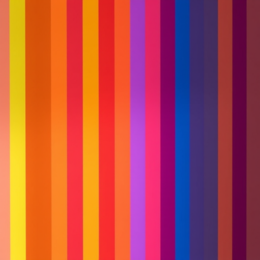 Create a vibrant image featuring vertical stripes of red, orange, yellow, green, blue, and purple with high saturation, using a Canon EOS R5, 50mm lens, f/8 aperture, ISO 100, and soft natural lighting for enhanced colors and clarity.