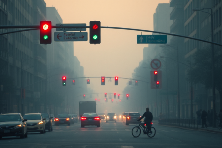 city street at dusk with red traffic lights, cars and cyclists in motion, foggy atmosphere, soft focus, low angle view, DSLR camera, f/4, ISO 200, 1/60 sec, white balance set to cloudy
