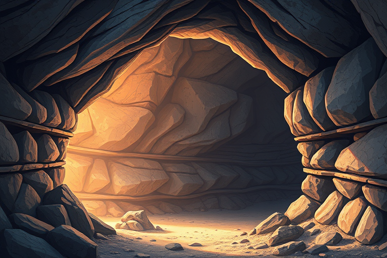 Regenerate an illustration of a cave entrance with soft lighting and layered rock textures, use a DSLR camera with a 50mm lens, aperture f/2.8, ISO 100, shot from a low angle to enhance depth and detail.