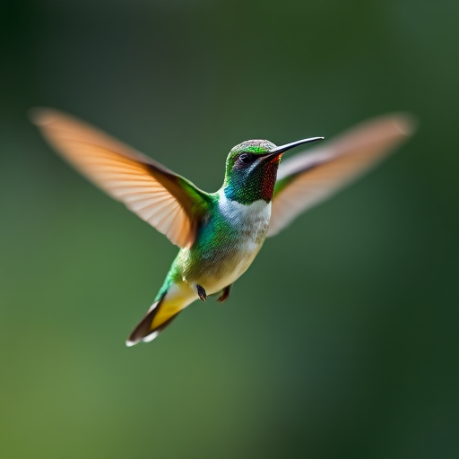 hummingbird flying with vibrant green feathers, captured with a Canon EOS R5, 85mm lens, f/2.8, ISO 200, shutter speed 1/2000s, shot in natural light with a shallow depth of field for a blurred background.