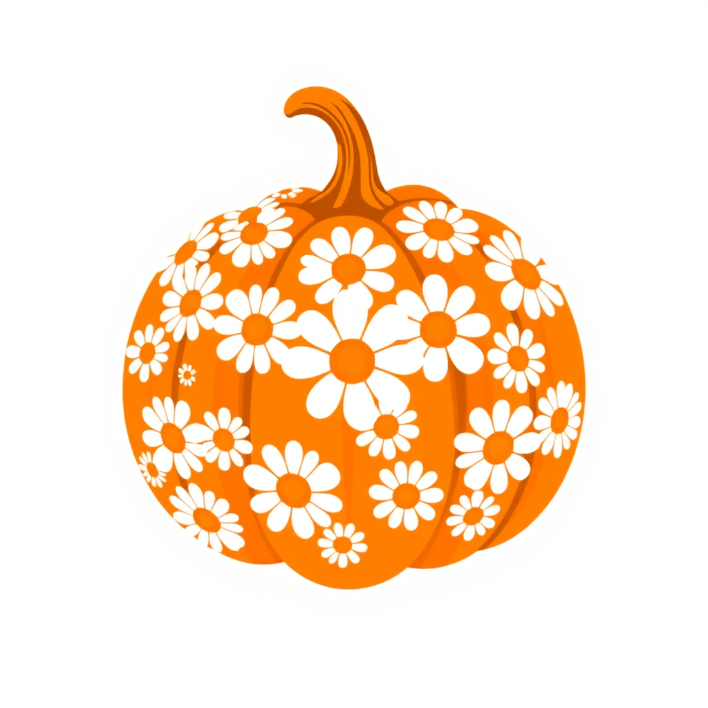 a whimsical orange pumpkin with white daises pattern covering the pumpkin. Solid white background sublimation vector 3000dpi 32k