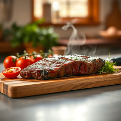 Capture a beautifully cooked steak on a wooden cutting board with fresh tomatoes and herbs, using a Canon EOS R5 camera with a 50mm lens, aperture set to f/1.8 for a shallow depth of field, ISO 400, and natural light from a window, emphasizing the steam and textures in a warm kitchen setting.