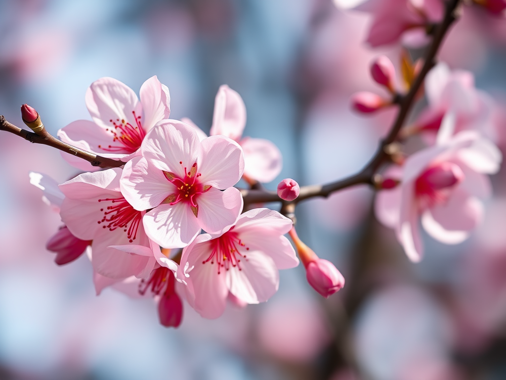 high-resolution close-up of pink cherry blossoms on a branch with soft-focus background, f/2.8 aperture, 1/200s shutter speed, ISO 100, 50mm lens, DSLR camera, natural light