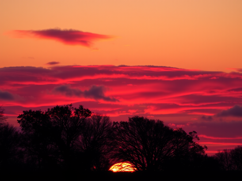 capture a vibrant sunset with dramatic red and orange hues, silhouetted trees in the foreground, 35mm lens, f/8 aperture, ISO 100, 1/200 sec exposure, use a tripod for stability, shot at golden hour for optimal light quality