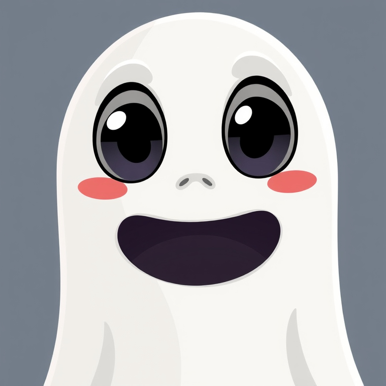 Create a high-resolution, stylized illustration of a cartoon ghost with large expressive eyes, in a flat design style, using a Canon EOS R5 camera, 50mm lens, f/2.8 aperture, ISO 100, and a soft, diffused lighting setup for enhanced detail and clarity.