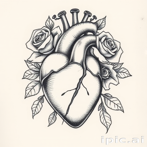 Vintage etching-style tattoo showcasing a detailed anatomical heart intertwined with blooming roses, rendered in fine line work and subtle shading for a timeless monochromatic piece
