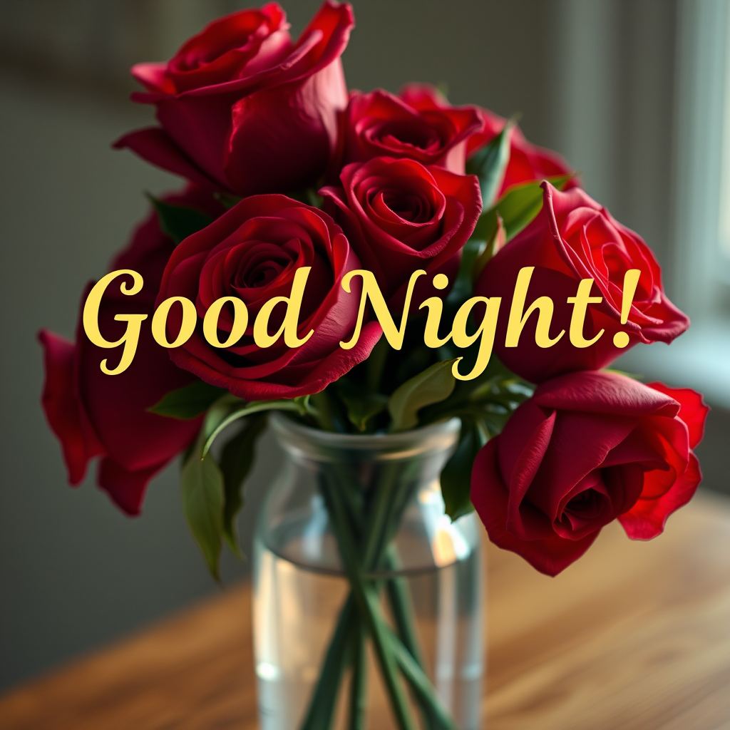 Create an image with the text "Good Night!" in golden Garamond font, placed atop a delicate vase filled with vibrant red roses, with soft focus and warm lighting effects.