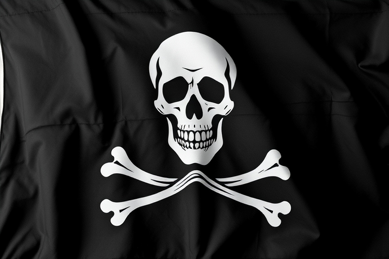 Create an image of a classic pirate flag featuring a skull and crossbones, using a DSLR camera with a 50mm lens, f/1.8 aperture, ISO 100, shot in a high-contrast monochrome style, and framed in a close-up view to emphasize details.