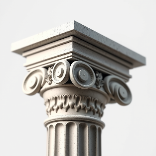 Create a detailed 3D rendering of a classical Corinthian column with intricate scroll details, using a DSLR camera with a 50mm lens, f/1.8 aperture, ISO 100, and a soft focus background for enhanced depth of field.