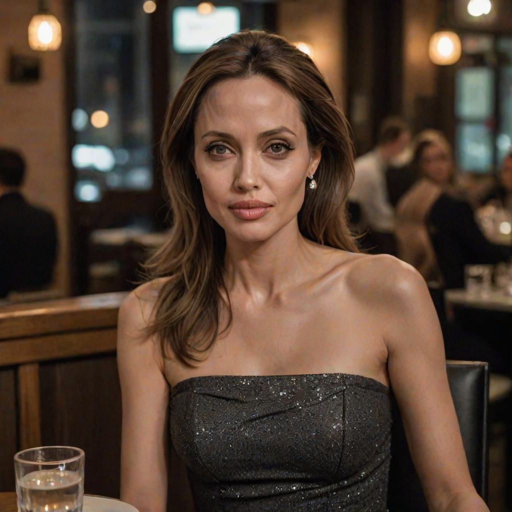 photo of young [woman:angelina jolie:0.4], highlight hair, sitting outside restaurant, wearing dress, rim lighting, studio lighting, looking at the camera, dslr, ultra quality, sharp focus, tack sharp, dof, film grain, Fujifilm XT3, crystal clear, 8K UHD, highly detailed glossy eyes, high detailed skin, skin pores