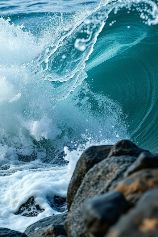 capture a dynamic ocean wave crashing on a rocky shore with mist and spray, shoot with a Canon EOS R5, aperture f/8, shutter speed 1/500s, ISO 100, wide-angle lens at 24mm, natural light, focus on wave detail and texture