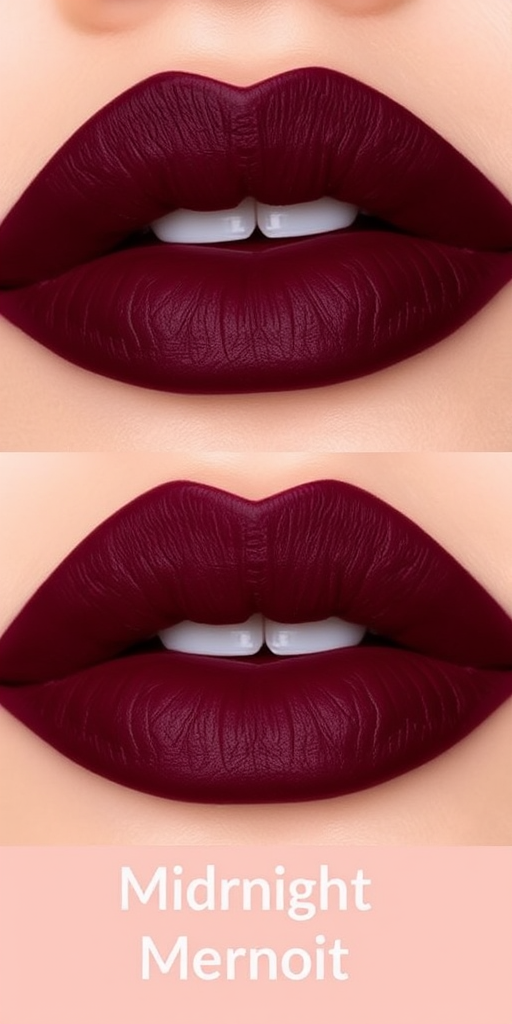 Matte burgundy lips with a velvet texture, called "Midnight Merlot," boast a rich, deep color and precise edges for a sophisticated evening appearance