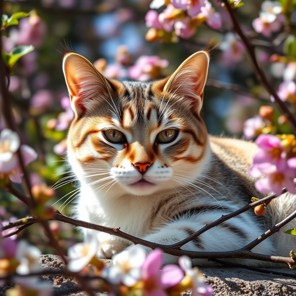 Capture a close-up photograph of a cat resting among flowering branches on a sunny day, using a DSLR camera with an aperture of f/2.8, ISO 200, and a shutter speed of 1/500s, employing a shallow depth of field to blur the background and highlight the cat's features, taken from eye level with natural lighting to enhance colors and textures.