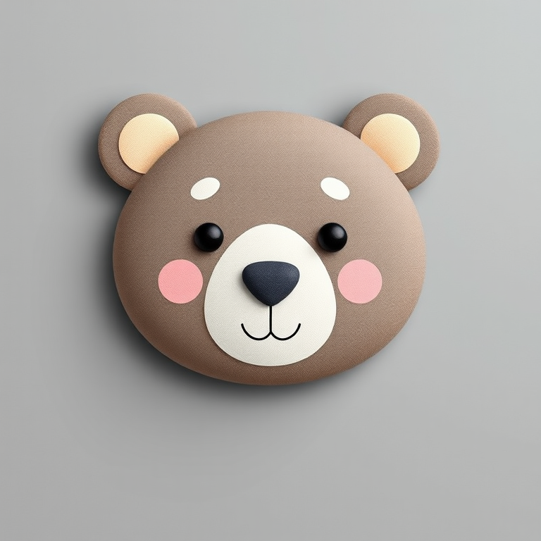 Create a cute bear head illustration with a neutral grey background, using soft pastel colors for the features, capturing the image with a 50mm lens, f/2.8 aperture, ISO 200, in a flat lay style.