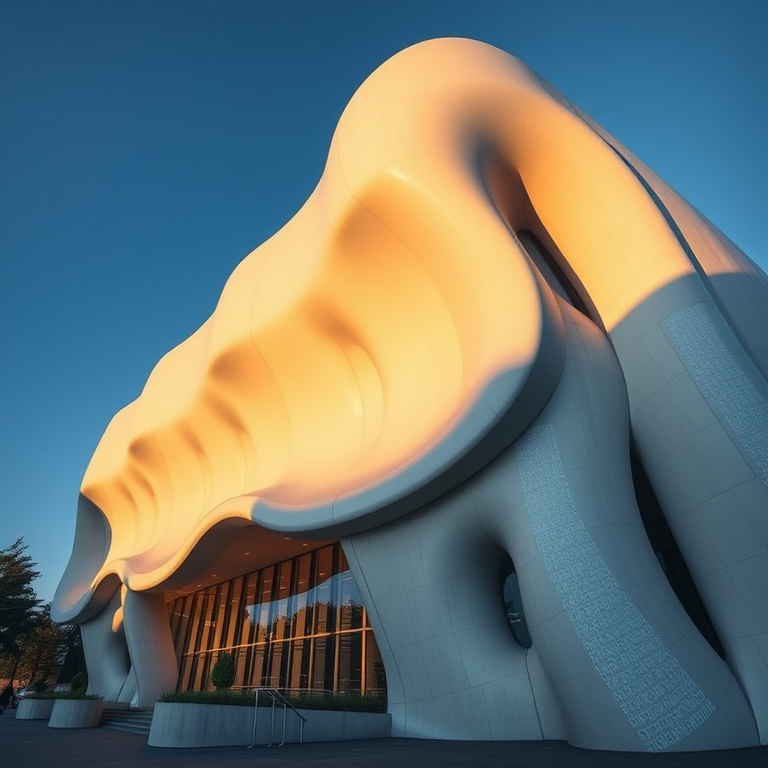 capture a modern architectural building with a wavy design, early evening light for dramatic shadows, use a Canon EOS R5, 24mm lens, f/8 aperture, ISO 100, 1/200 sec shutter speed, and a wide-angle perspective for enhanced depth and detail