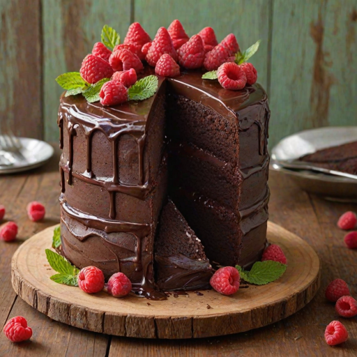 Create an image of a decadent chocolate cake with rich layers. The cake should have a glossy chocolate ganache frosting and a vibrant raspberry filling visible in the cut slice. Top the cake with fresh raspberries and a sprig of mint for a pop of color. Use a rustic wooden surface as the background to enhance the presentation.