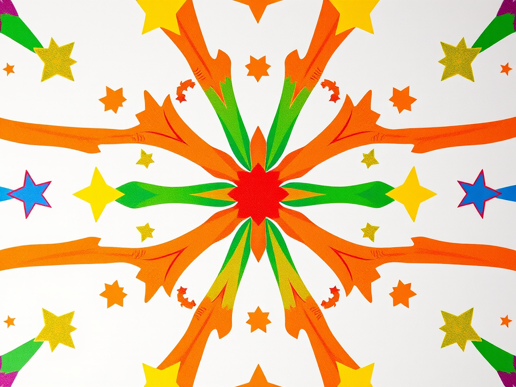 Create a bright and colorful abstract pattern with vibrant stars and stripes in red, blue, green, yellow, and orange on a white background, using a Canon EOS R5, 24mm lens, f/8 aperture, ISO 100, shot from a top-down view, ensuring high clarity and sharpness.